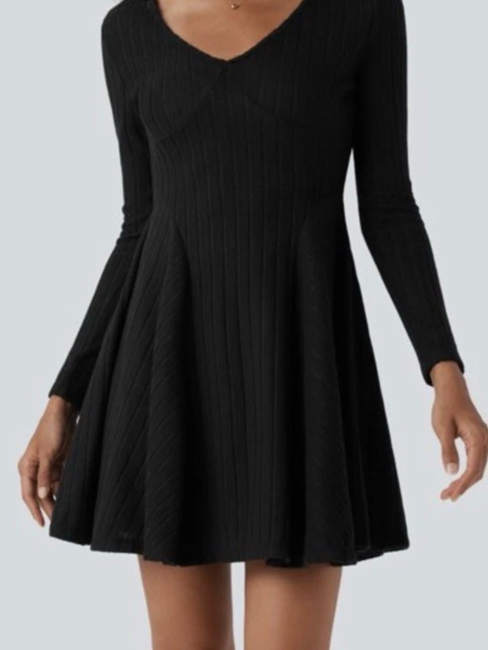 Halara Ribbed Knit V-Neck Long Sleeve Flare Mini Dress Size Small NWT
